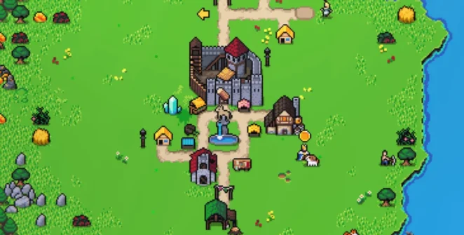 O reino de um jogador com um castelo, uma taverna e uma madeireira