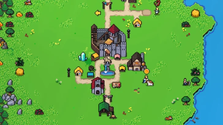 O reino de um jogador com um castelo, uma taverna e uma madeireira