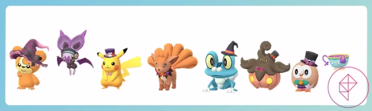 uma variação de pokémon em trajes de Halloween: Teddiursa, Noibat, Pikachu, Vulpix, Froakie, Pumpkaboo, Rowlet e, em seguida, A Plain Sinistea em Pokémon Go.
