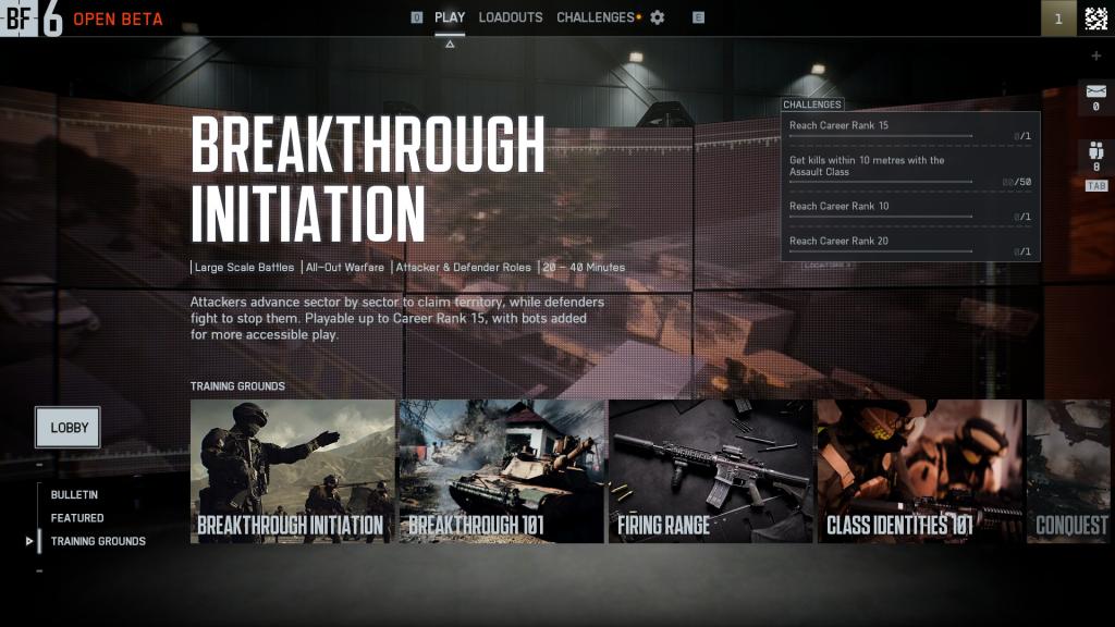 A tela inicial do beta aberto do Battlefield 6