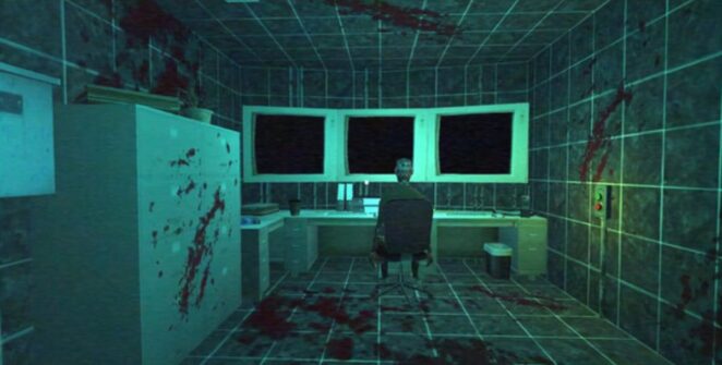 Sala de monitoramento coberta de sangue com corpo esfolado na cadeira do escritório, de costas para a câmera