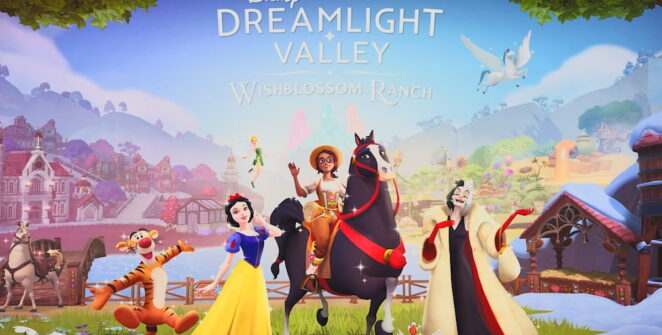Arte principal do rancho Wishblossom apresentando Branca de Neve, Tinker Bell, Cruella, Tigger e o jogador a cavalo no Disney Dreamlight Valley