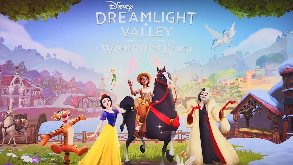 Arte principal do rancho Wishblossom apresentando Branca de Neve, Tinker Bell, Cruella, Tigger e o jogador a cavalo no Disney Dreamlight Valley