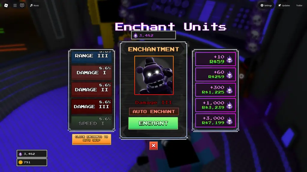 Prévia do menu de encantamento de unidade na experiência FNTD 2 Roblox.