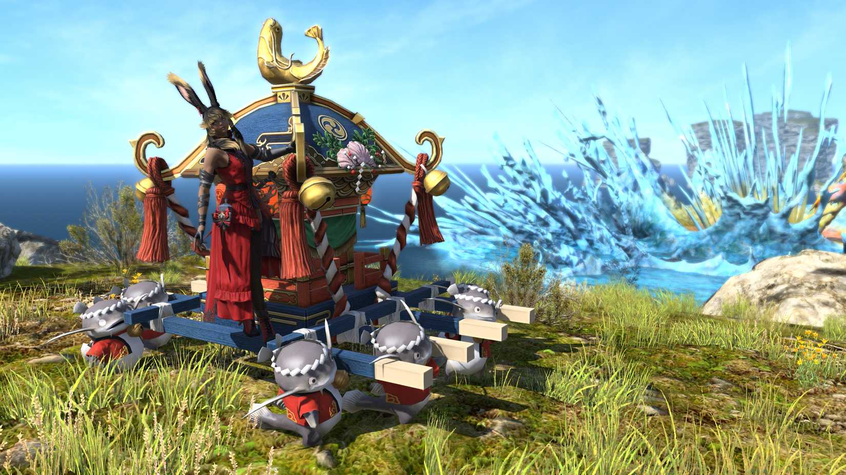 Uma Viera monta um palanquim transportado por Namazu em FFXIV