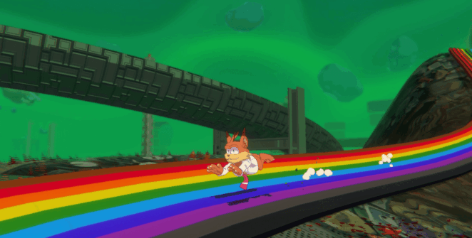 Bubsy montando um arco-íris