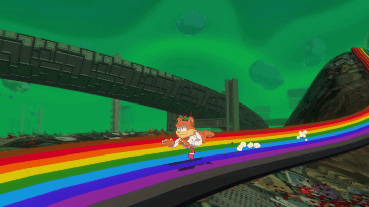 Bubsy montando um arco-íris