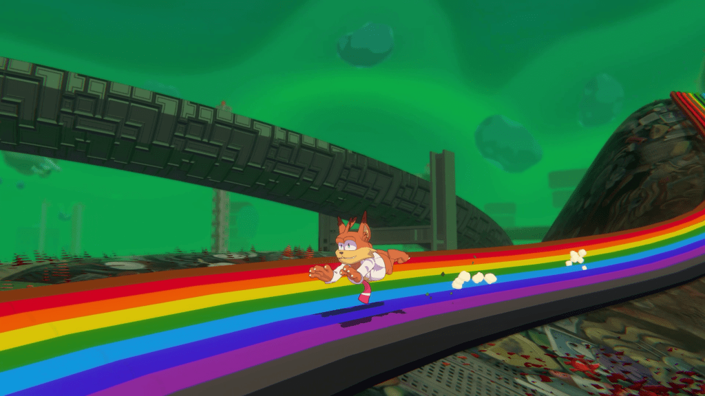 Bubsy montando um arco-íris