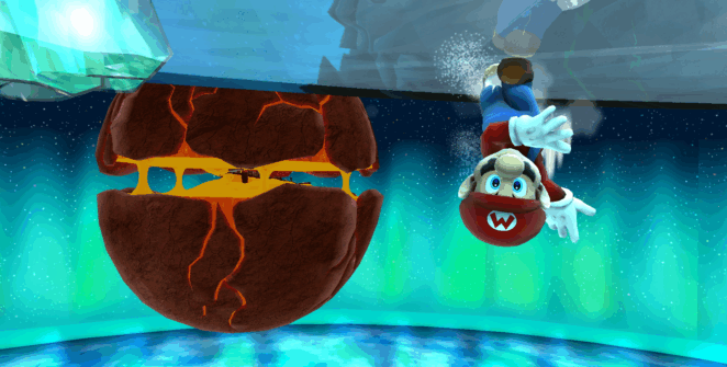 Mario corre de cabeça para baixo em uma superfície com um planeta aberto, revelando seu magma atrás dele em Super Mario Galaxy