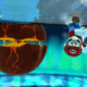 Mario corre de cabeça para baixo em uma superfície com um planeta aberto, revelando seu magma atrás dele em Super Mario Galaxy