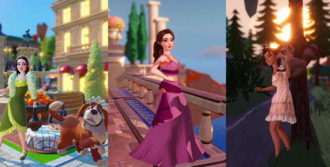 Teasers para as próximas atualizações, incluindo o jogador com um cachorro perto da mesa de jantar, um jogador vestido como Meg de Hércules e um jogador acariciando um guaxinim em uma floresta no Disney Dreamlight Valley