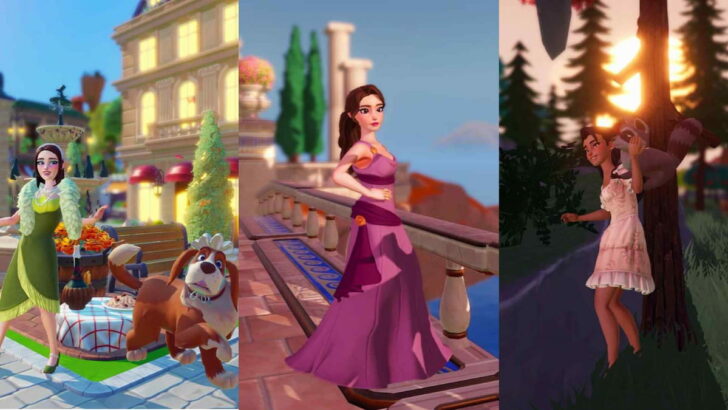 Teasers para as próximas atualizações, incluindo o jogador com um cachorro perto da mesa de jantar, um jogador vestido como Meg de Hércules e um jogador acariciando um guaxinim em uma floresta no Disney Dreamlight Valley