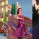 Teasers para as próximas atualizações, incluindo o jogador com um cachorro perto da mesa de jantar, um jogador vestido como Meg de Hércules e um jogador acariciando um guaxinim em uma floresta no Disney Dreamlight Valley