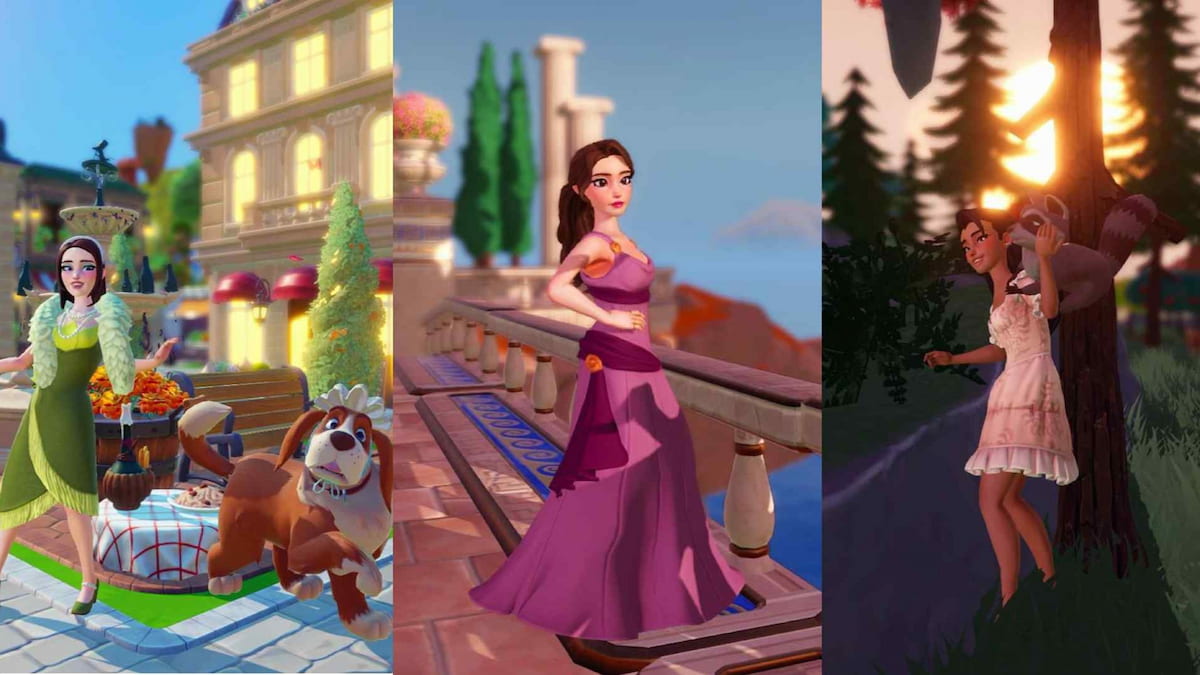 Teasers para as próximas atualizações, incluindo o jogador com um cachorro perto da mesa de jantar, um jogador vestido como Meg de Hércules e um jogador acariciando um guaxinim em uma floresta no Disney Dreamlight Valley