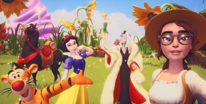Um jogador tirando uma foto com Cruella, Branca de Neve, Tigrão e Tinker Bell no Disney Dreamlight Valley