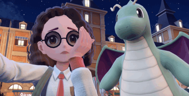 uma imagem de um treinador Pokémon em Pokémon Scarlet tirando uma selfie com um dragonite brilhante. ela parece preocupada na foto.