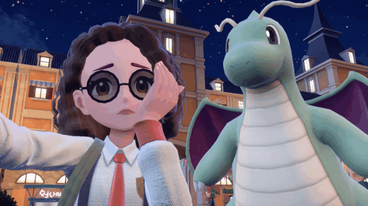 uma imagem de um treinador Pokémon em Pokémon Scarlet tirando uma selfie com um dragonite brilhante. ela parece preocupada na foto.