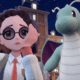 uma imagem de um treinador Pokémon em Pokémon Scarlet tirando uma selfie com um dragonite brilhante. ela parece preocupada na foto.