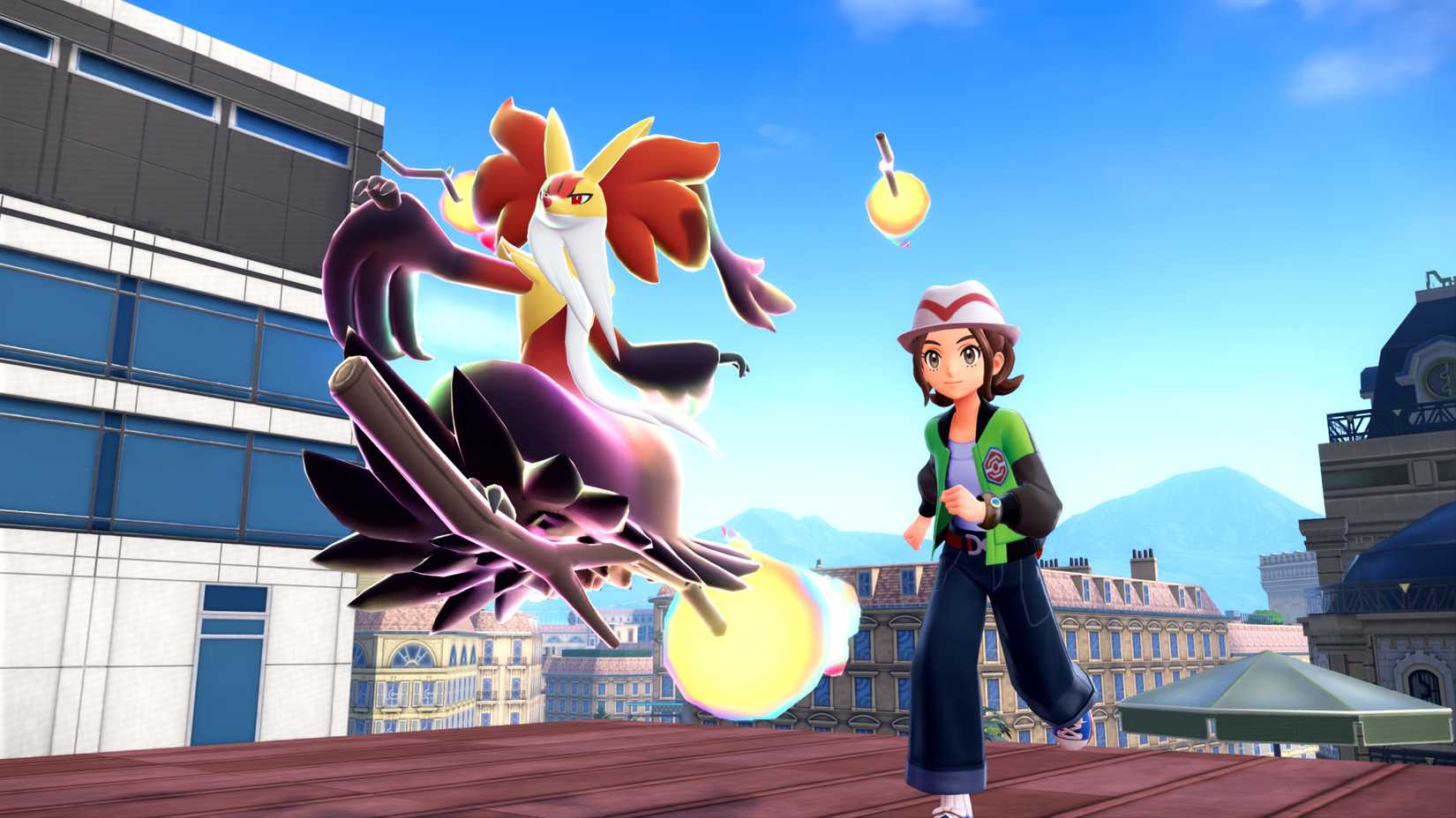 Uma captura de tela de Pokémon Legends ZA mostrando Mega Delphox e um treinador correndo por um telhado
