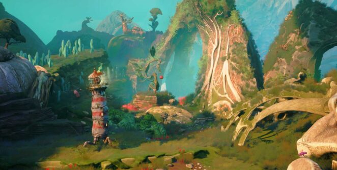 O farol e o pássaro explorando uma encosta verde de uma montanha em Keeper.