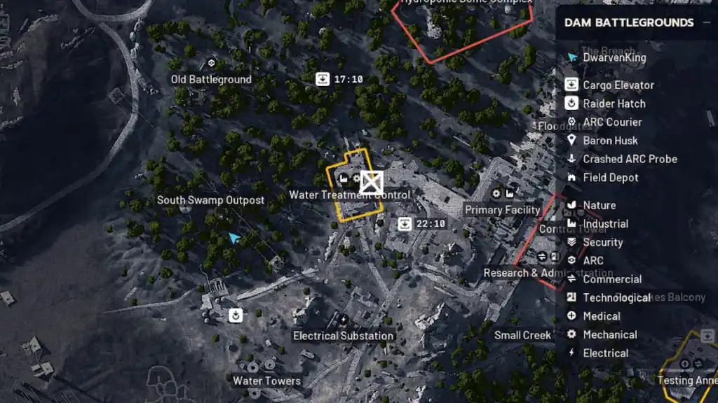 Um mapa 3D do nível Dam Battlegrounds em ARC Raiders com um local marcado com um X. 
