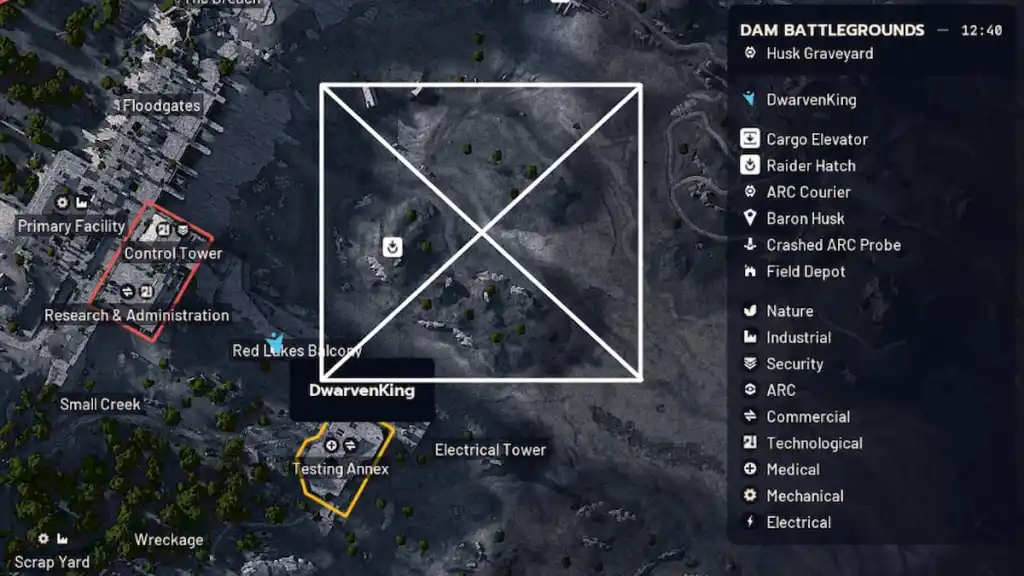 Uma renderização 3D do mapa Dam Battlegrounds em ARC Raiders com os Red Lakes marcados por uma cruz. 