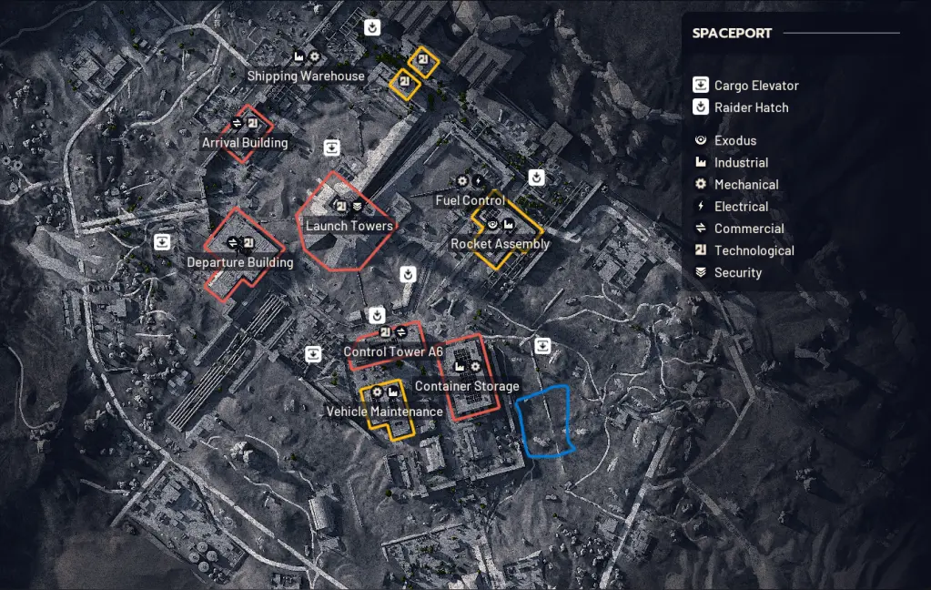 Mapa do espaçoporto em ARC Raiders
