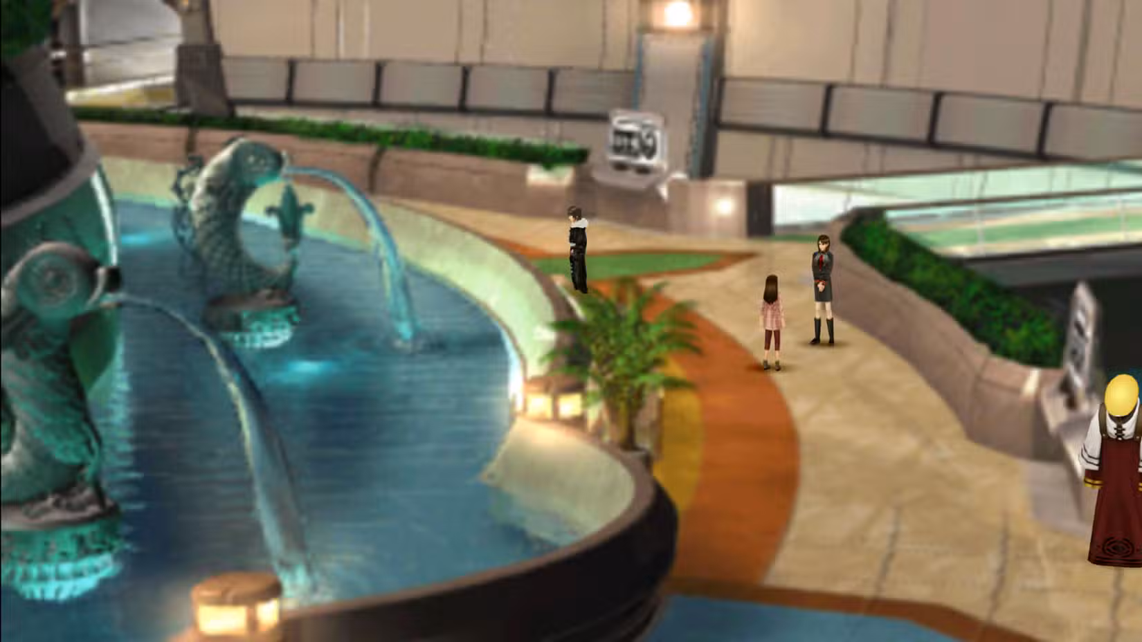 Uma captura de tela de Final Fantasy 8 mostrando Squall olhando para a estátua de peixe em Balamb Garden