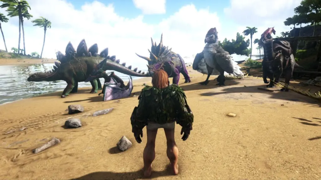 Um jogador e seus dinossauros em Ark Survival Evolved.