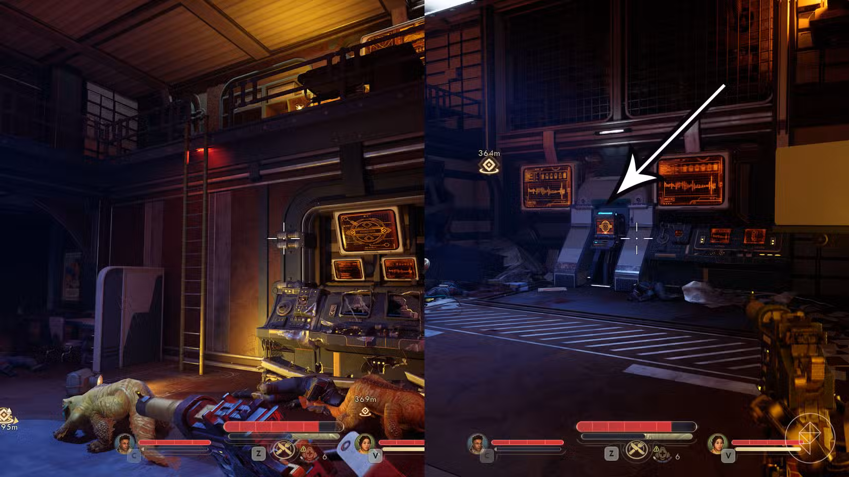 Uma montagem de duas capturas de tela de The Outer Worlds 2 mostrando a localização do passe de acesso do Euphoria Coast Automech Repair Center