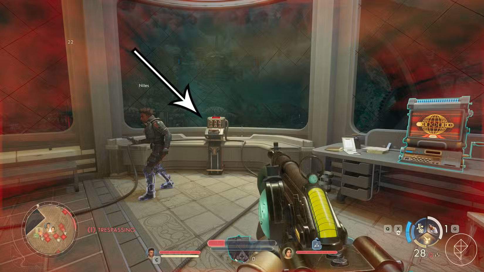 A alavanca que abaixa a Ponte do Reverente em The Outer Worlds 2.