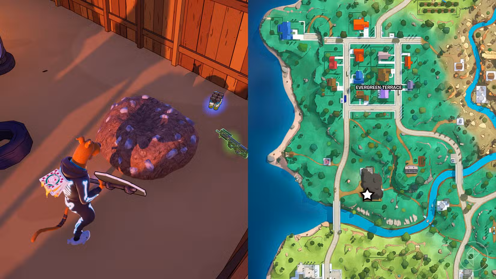 Uma pilha de terra escavável no Springfield Tire Yard em Fortnite.