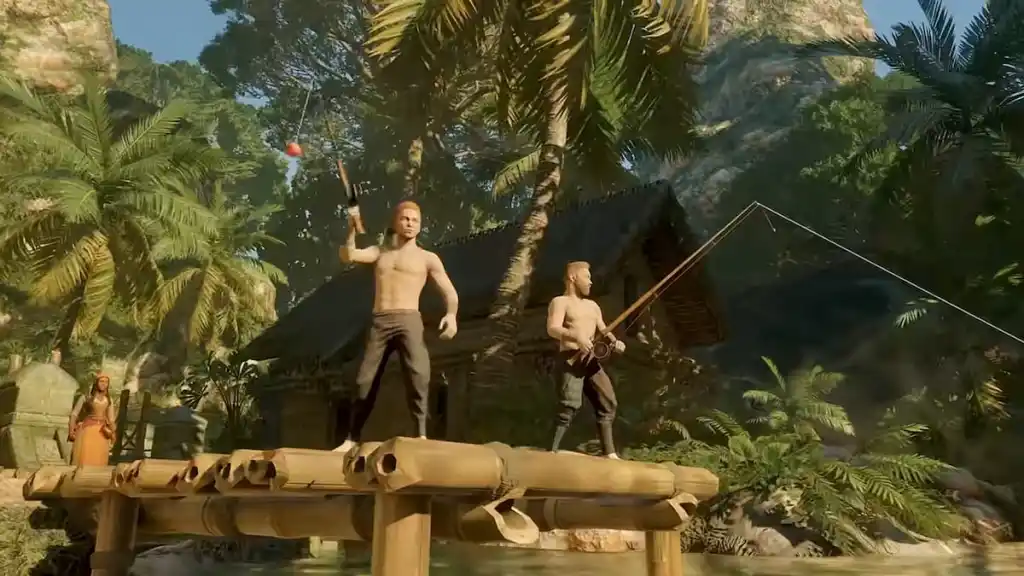 Dois personagens pescando envoltos