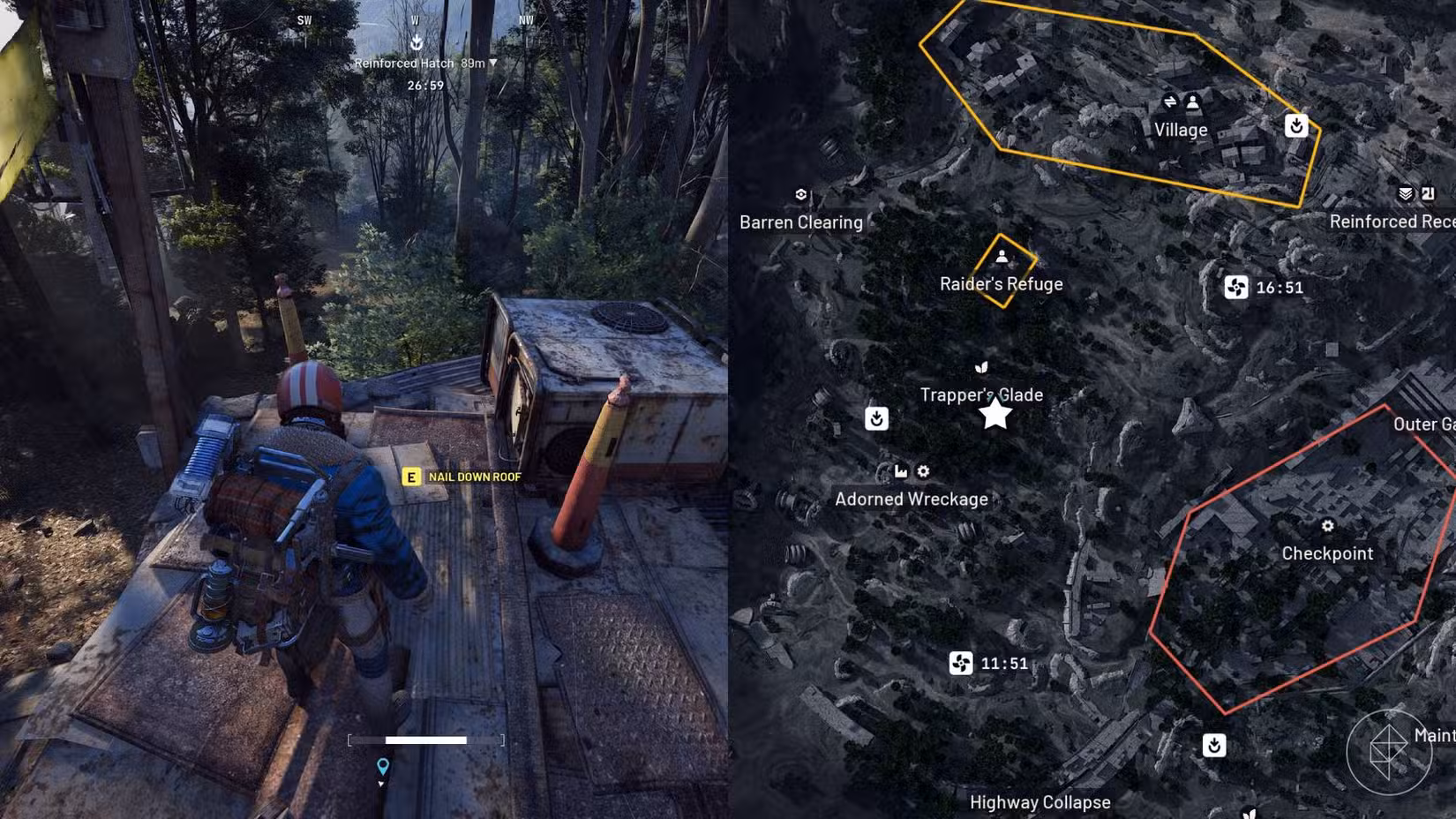 Uma imagem dividida mostrando a localização do objetivo no mapa no lado direito e o personagem do jogador parado na frente do objetivo à esquerda.