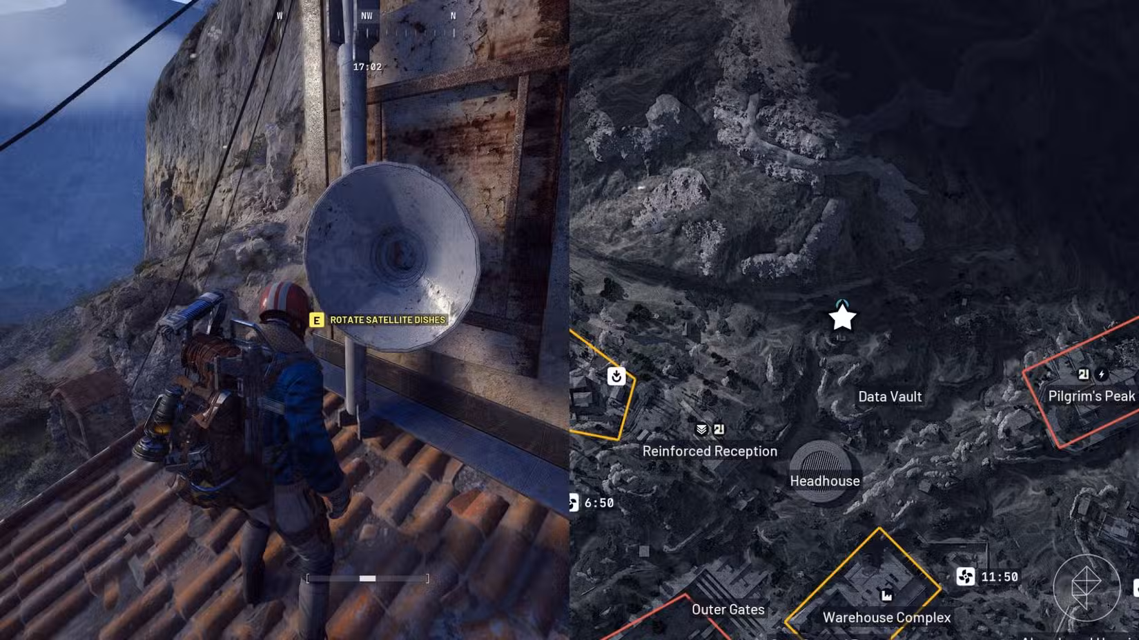 Uma imagem dividida mostrando a localização do objetivo no mapa no lado direito e o personagem do jogador parado na frente do objetivo à esquerda.