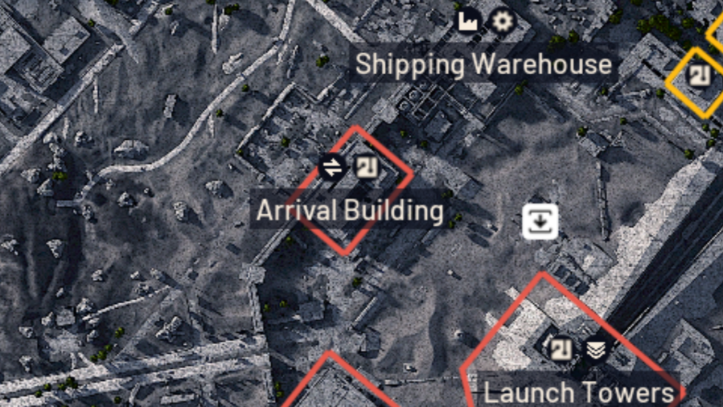 Renderização 3D de partes do mapa do espaçoporto em ARC Raiders.