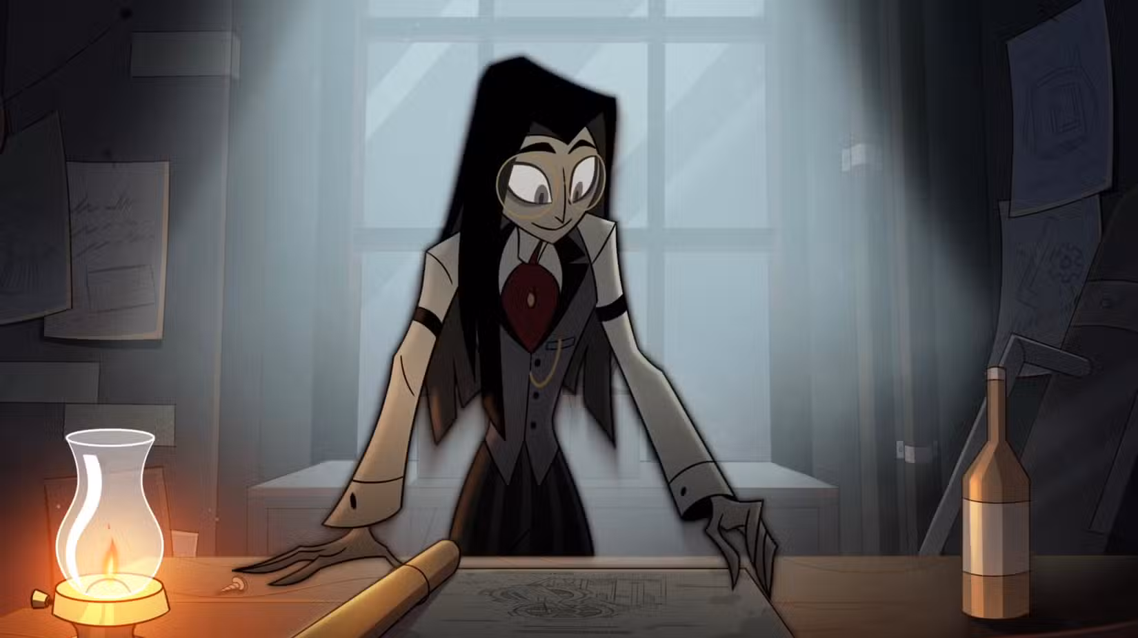 Sir Pentious em sua forma humana mortal, um homem esguio, de cabelos compridos e óculos, na 2ª temporada do Hazbin Hotel