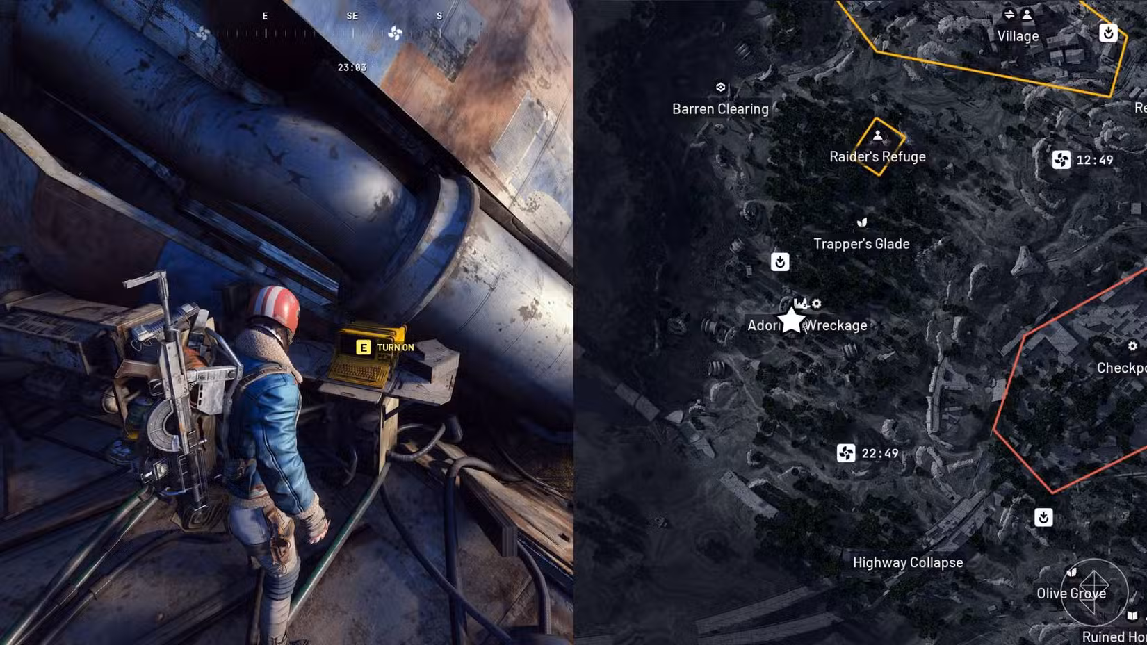Uma imagem dividida com o lado esquerdo mostrando o jogador em Arc Raiders em frente ao objetivo, e o lado direito mostrando o local marcado no mapa do jogo com uma estrela.