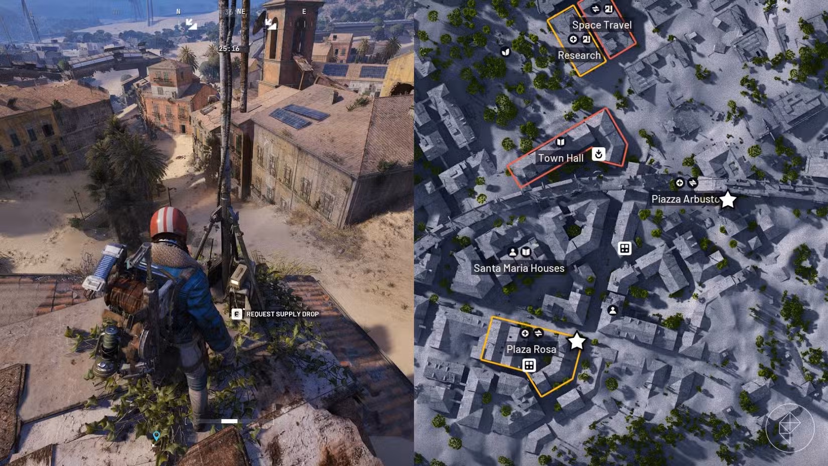 Uma imagem dividida com o lado esquerdo mostrando o personagem do jogador na frente de um call station e a imagem à direita mostrando os dois melhores locais de entrega de suprimentos em Buried City em Arc Raiders.