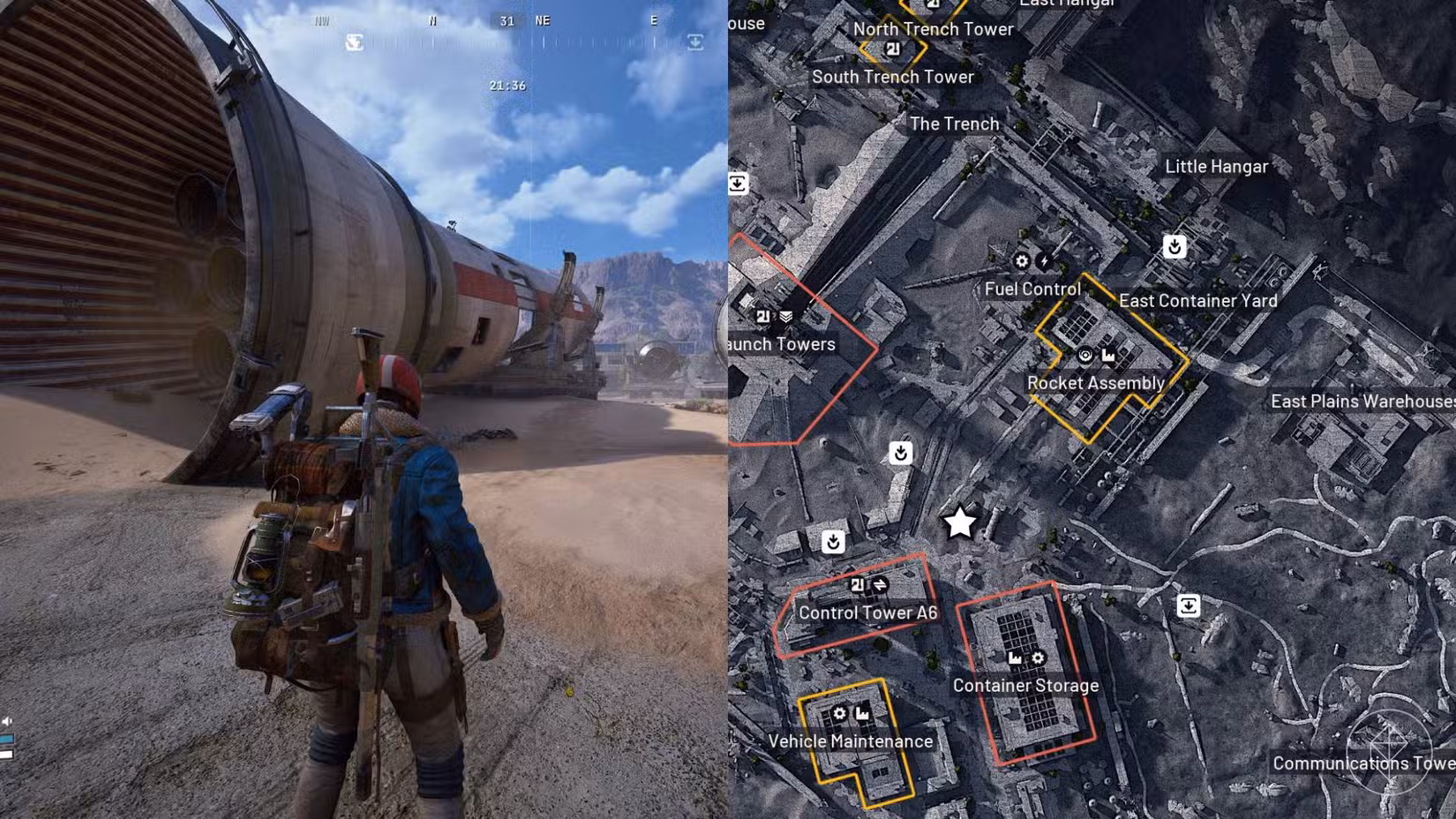Uma imagem dividida mostrando o personagem do jogador em Arc Raiders próximo ao local que ele deve visitar para completar a missão à esquerda, e o local no mapa do jogo marcado com um ícone de estrela à direita.