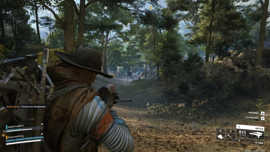 Um jogador em um bioma de selva mirando em um robô enorme em ARC Raiders.