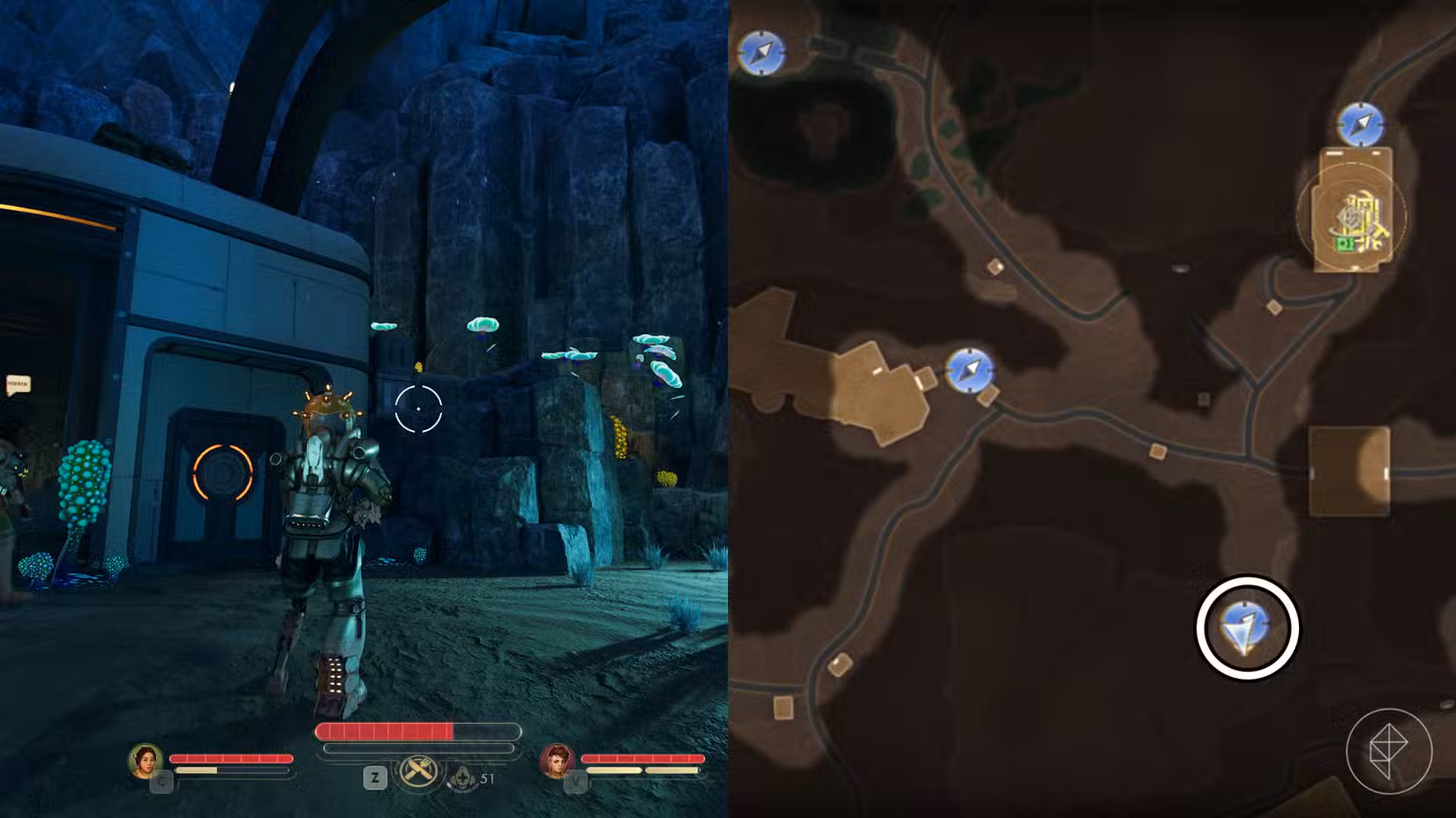 Uma montagem de duas capturas de tela de The Outer Worlds 2 mostrando a localização da torre central do pára-raios em Praetor