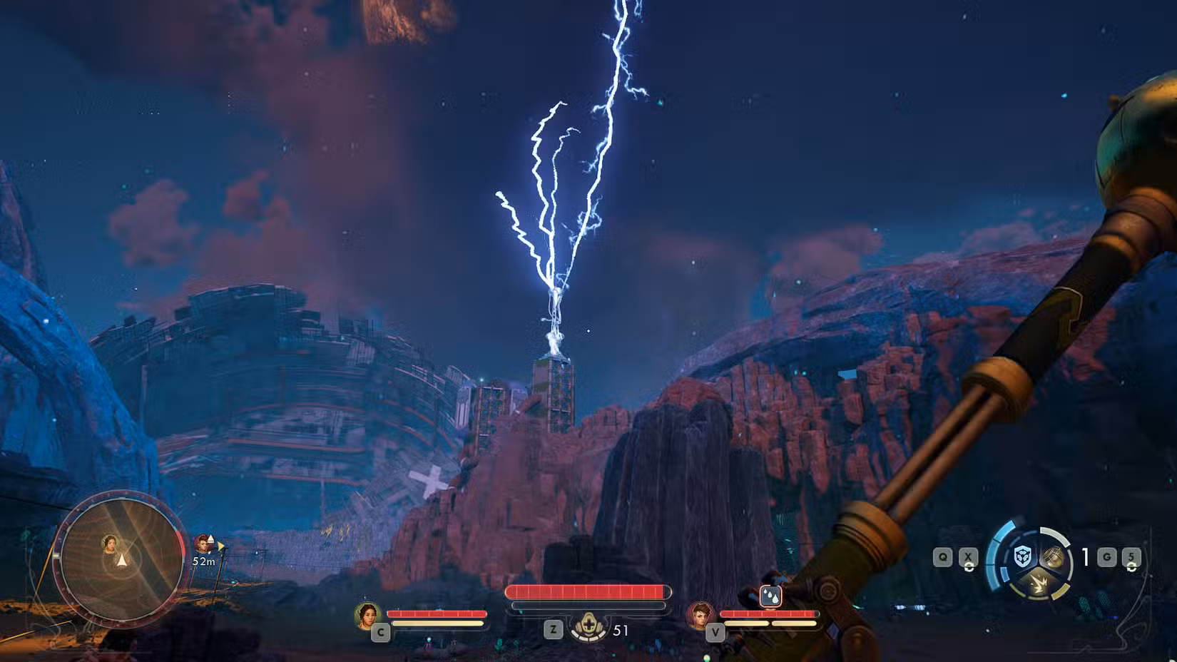 Uma captura de tela de The Outer Worlds 2 mostrando um raio sendo atraído por uma torre de pára-raios em Praetor