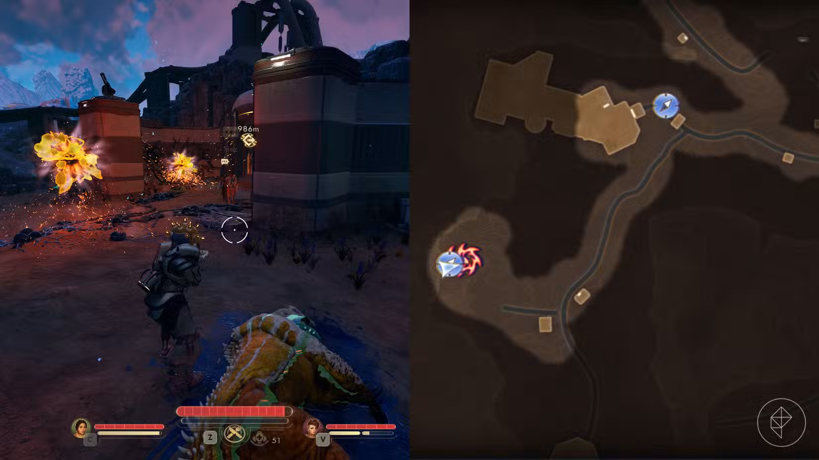 Uma montagem de duas capturas de tela de The Outer Worlds 2 mostrando a localização da torre do para-raios sudoeste