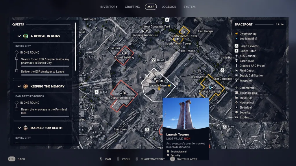 A área das Torres de Lançamento no mapa do Porto Espacial em ARC Raiders.