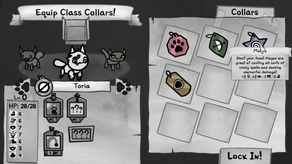 Uma tela de construção de gatos no Mewgenics mostrando as estatísticas de um gato.
