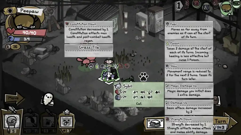 Um gato em Mewgenics com sete debuffs diferentes.