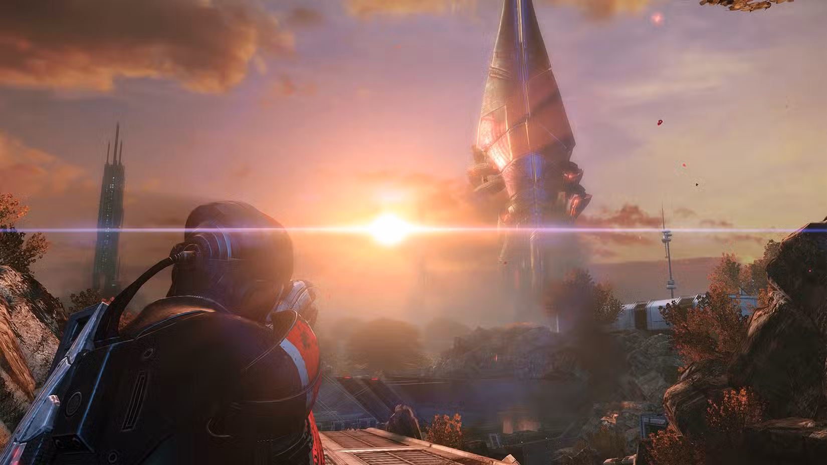 Shepard observando um Reaper em Mass Effect