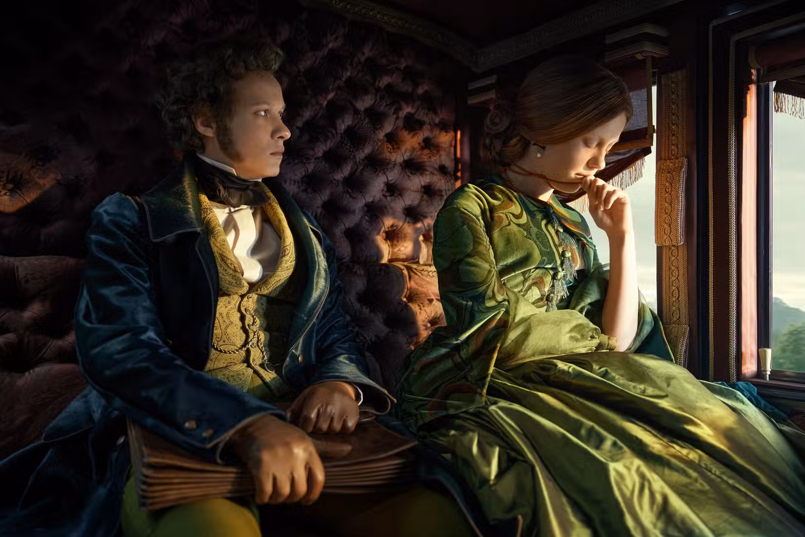 Mia Goth como Elizabeth e Felix Kammerer como William Frankenstein andando juntos em uma carruagem