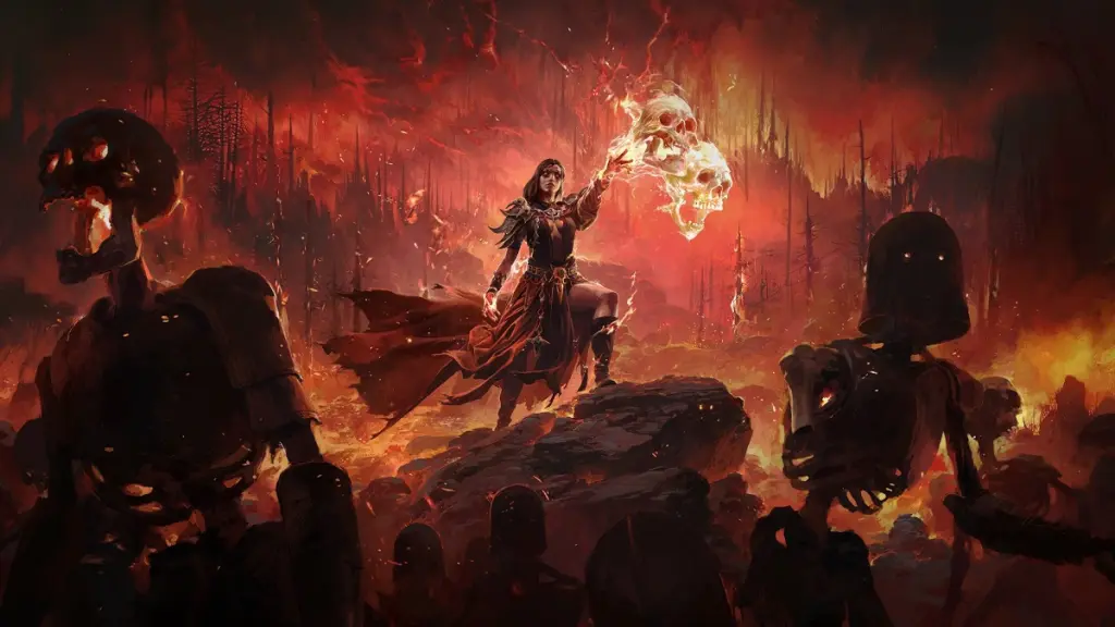 Path of Exile 2: uma guerreira com poderes mágicos joga fora algumas caveiras em chamas enquanto o mundo queima atrás dela.